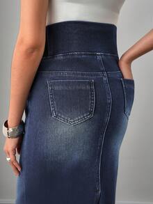 SHEIN Maternity Navy Blue Summer Casual Everyday Women's Four-Way Stretch Denim Skirt,Long Pencil Midi Jean Skirts For Pregnant Women With Pockets - Dark Wash - View 3