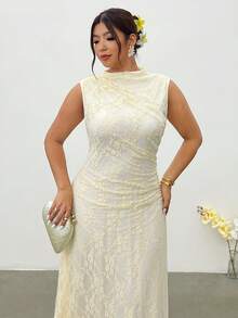 Firerie 大尺碼白色夏季優雅飄逸婚紗禮服，立領無袖抓皺下擺畢業約會茶會彈性抓皺洋裝 - 杏色 - 查看 7