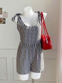 SHEIN EZwear 黑白格子休闲度假露背连体裤 - 黑與白 - 查看 5