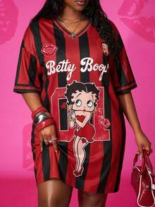 Slaydiva Betty Boop x SHEIN 2026春夏新款大码女装：基础款、休闲、可爱黑红条纹V领宽松落肩大码短款连衣裙，卡通人物印花；假日 - 彩色 - 查看 1