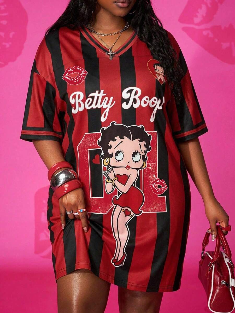 Slaydiva Betty Boop x SHEIN 2026春夏新款大码女装：基础款、休闲、可爱黑红条纹V领宽松落肩大码短款连衣裙，卡通人物印花；假日 - 彩色 - 查看 1