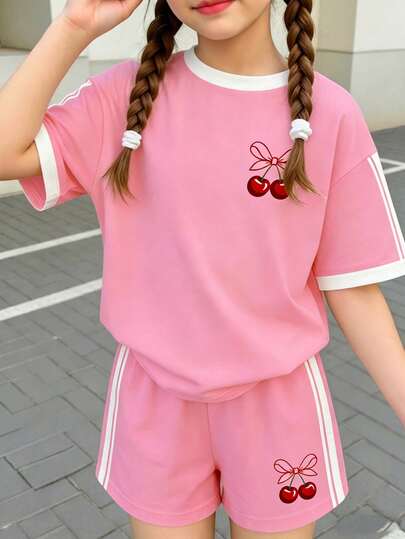 2pcs/Set 8-12 Years Old Girls Energetic Sweet Girl Style / Fresh Sports Style Cherry Bow Print Contrast Trim Short Sleeve T-Shirt + Shorts Set, Lightweight Tee Outfit For Daily Wear, School, Children's Day, Spring/Summer/Autumn