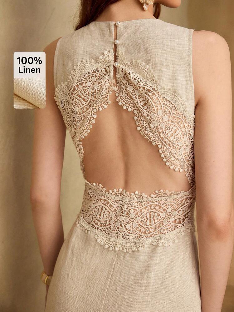 WOMEN'S LINEN LACE PATCHWORK SLEEVELESS DRESS, CASUAL & DATE WEAR, SPRING/SUMMER