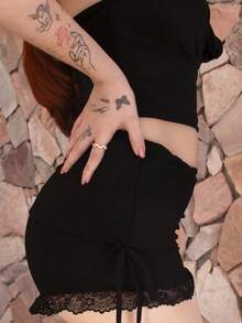 FER DURAN FER DURAN Y2k Black Slim Fit Drawstring Waist Ruffled Hem Decorated Comfy Casual Shorts Outfits - Black - View 4