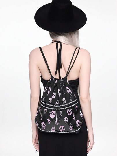 ROMWE Y2K Horror Scream Grimace Drawstring Bag - Gothic Pink Printed Lace Trimmed Pocket Backpack For School, Commuter, Halloween And Everyday Use