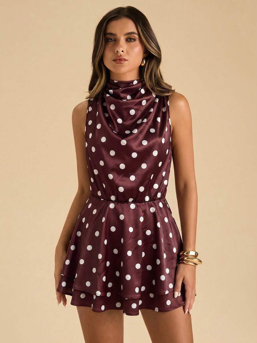 SHEIN BAE Đầm nữ chấm bi, viền bèo nhún, cổ yếm - Nhiều màu - Xem 1