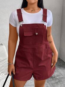 Flirla Plus Size Women Solid Color Pocket Casual Versatile Daily Wear Bib Shorts - Burgundy - View 3