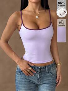 SHEIN PETITE Áo Cami nữ mùa xuân/hè phối màu hồng, dáng ôm, hở lưng, kiểu dáng cơ bản/Mùa hè/Nghỉ xuân/Đi biển/Đi chơi/Kiểu thập niên 2000/Áo hồng - Hồng - Xem 4