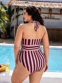 Swim Mod 2026 New Colorful Striped Print Deep V-Neck Side Drawstring High Waist Bikini Bottom, Sexy Vacation Beach Outfit - Multicolor - View 2