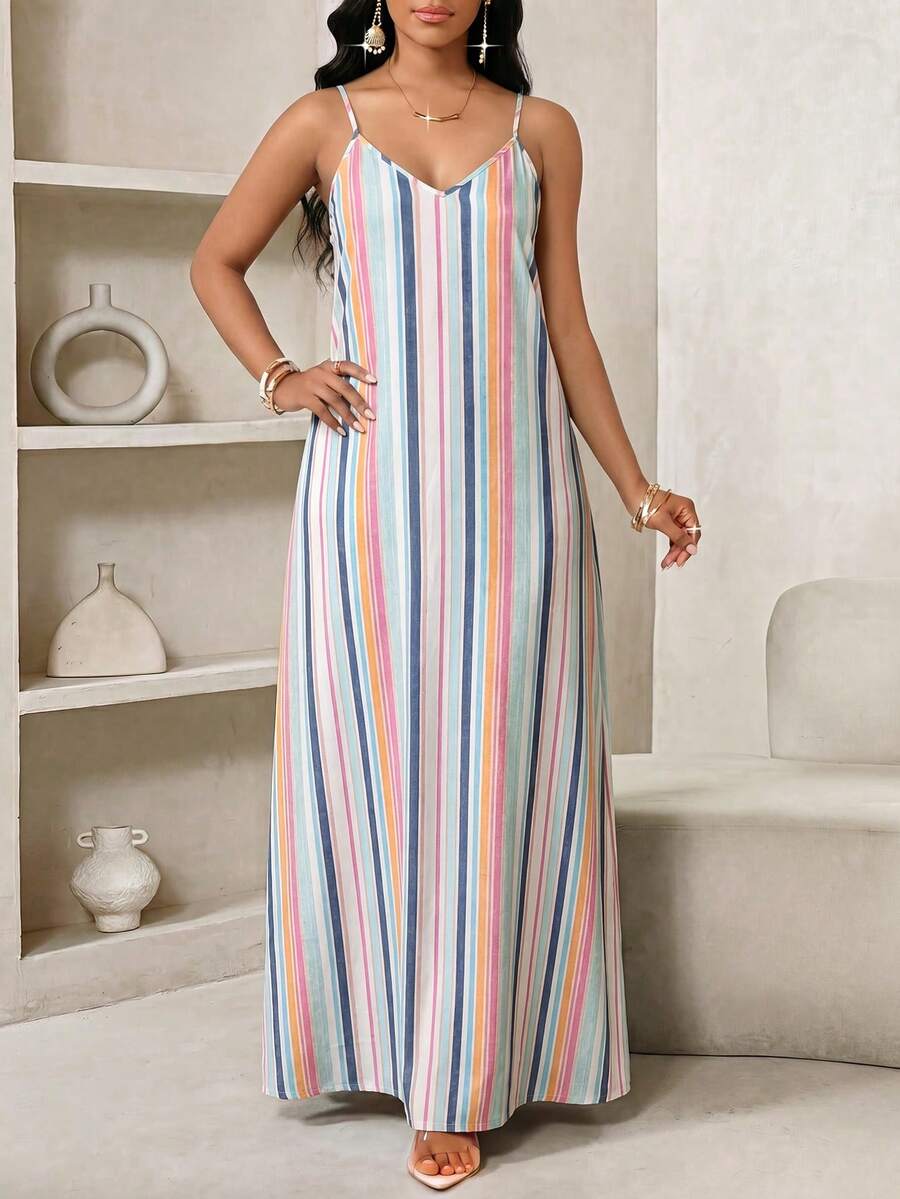 SHEIN Lady Plus Size Women Blue And White Stripe Casual Boho Party Vacation Outing Spaghetti Strap Dress Summer - Multicolor - View 1