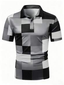 Calvornis Men's Fashionable Versatile Plaid Contrast Color Button Half Placket Short Sleeve Polo Shirt, Formal - Black and White - View 4