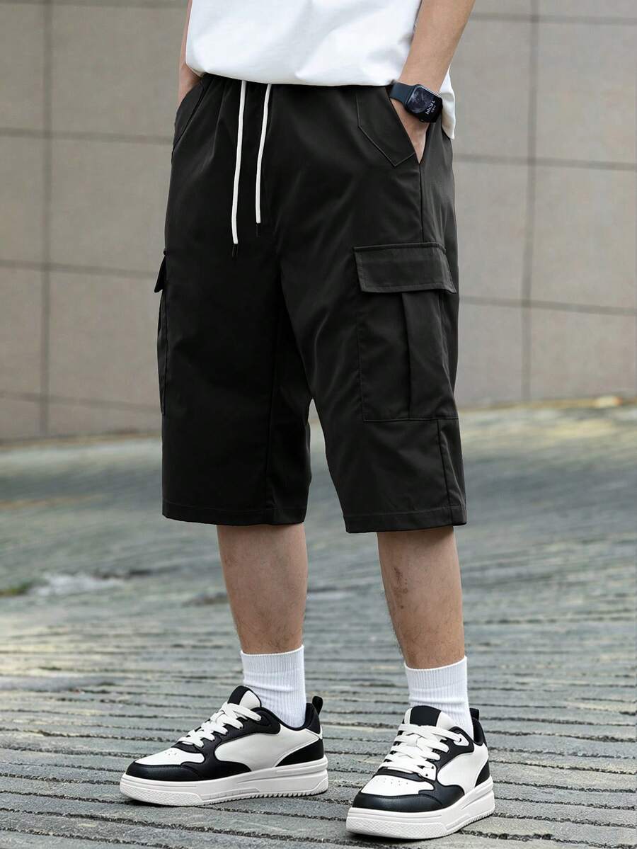 Manfinity Hypemode Pantalones cortos de carga informales para hombre de unicolor con cordón y bolsillos, perfectos para el verano - Negro - Ver 1