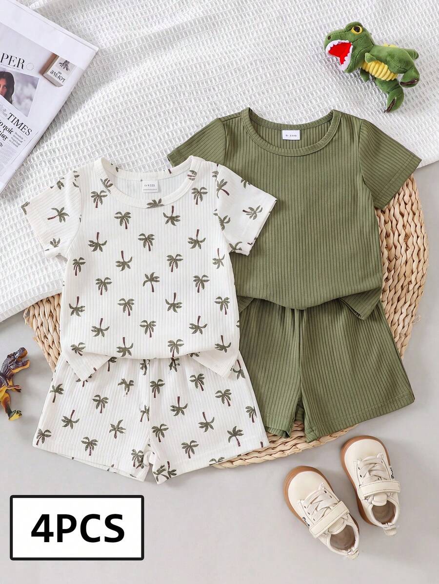 SHEIN Playful Pals Bộ quần áo 4 món cho bé trai: Áo thun cổ tròn in kỹ thuật số + Áo thun cổ tròn màu xanh trơn, bộ đồ ngắn tay mùa hè thoải mái, dễ mặc, quần áo trẻ sơ sinh cho bé trai, thích hợp cho mùa xuân và mùa hè, mặc hàng ngày và đi chơi. - màu xanh lá - Xem 1