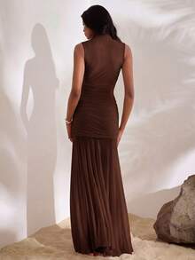 Opulessa 1 pieza Vestido de sirena ajustado de punto de unicolor para mujer - Marrón - Ver 3