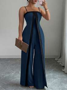 Elenzga Mono informal de pierna recta de talla grande con contraste de color para mujeres - Agua verde azul - Ver 3