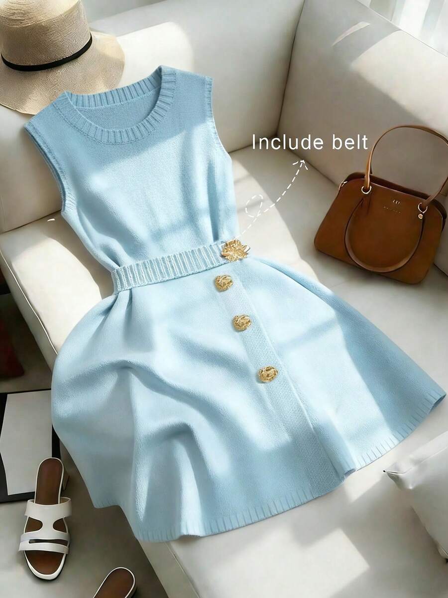 SHEIN Franclia Đầm midi dệt kim màu xanh dương trơn, cổ tròn, không tay, thắt eo, khóa kim loại, dành cho nữ, thích hợp cho kỳ nghỉ hè, thanh lịch, thường ngày, trang phục đi nghỉ mát, đầm dệt kim màu xanh dương cho nữ. - Màu xanh lam - Xem 1
