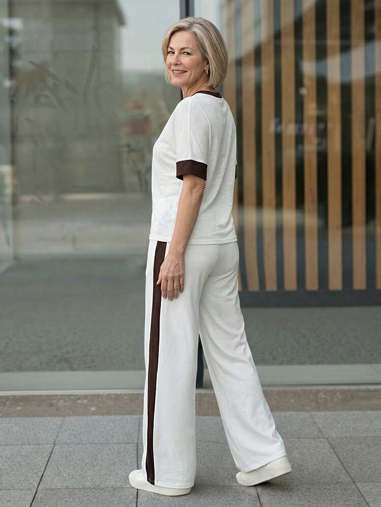 Middle-Aged & Elderly Women's Contrast Color V-Neck Short Sleeve Top And Pants Set