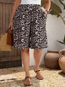 EMERY ROSE 2pcs/Set Plus Size Women's Summer Casual Everyday Bermuda Shorts,Beige Country Leopard Print & Black Shorts,Boho Vacation Outfits,Modest Two Piece Set - Multicolor - View 5