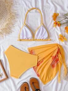 SHEIN Conjunto de bikini de 3 piezas para adolescentes, top triangular de halter floral negro, Bottom triangular, pareo, traje de baño elegante y casual adecuado para nadar, vacaciones, verano - Naranja - Ver 2