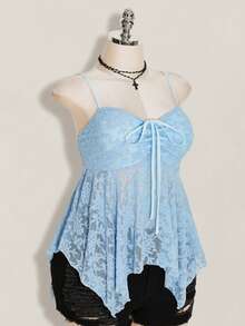 SHEIN ICON Plus Size Solid Color Lace Patchwork Front Drawstring Tie Camisole Top, Asymmetric Hem, Y2K Style, Suitable For Summer - Baby Blue - View 7
