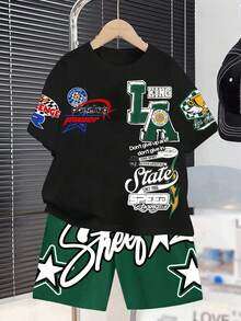 2pcs/Set Casual Minimalist Letter Print Short Sleeve Crew Neck Outfit For Teen Boys, Suitable For Summer - Multicolor - View 4