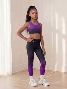 SHEIN Bộ đồ thể thao gồm áo croptop không tay và quần legging in họa tiết ombre tím đen, chất liệu co giãn cao, ôm sát tôn dáng, thích hợp cho đạp xe, chạy bộ, tập luyện, dành cho bé gái. - Nhiều màu - Xem 2