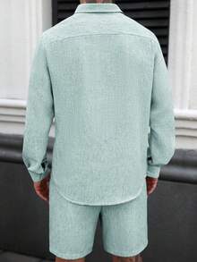 Manfinity RSRT Men's Casual Vacation & Commute Solid Color Long Sleeve Shirt And Drawstring Waist Shorts Set, Spring/Summer, Holiday - Mint Green - View 2