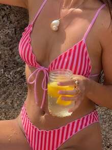 SHEIN Swim Mod Bộ bikini hai mảnh mùa hè dành cho nữ, họa tiết chấm bi, kiểu áo hai dây gợi cảm thắt nơ, thích hợp cho kỳ nghỉ biển. - Hồng - Xem 1
