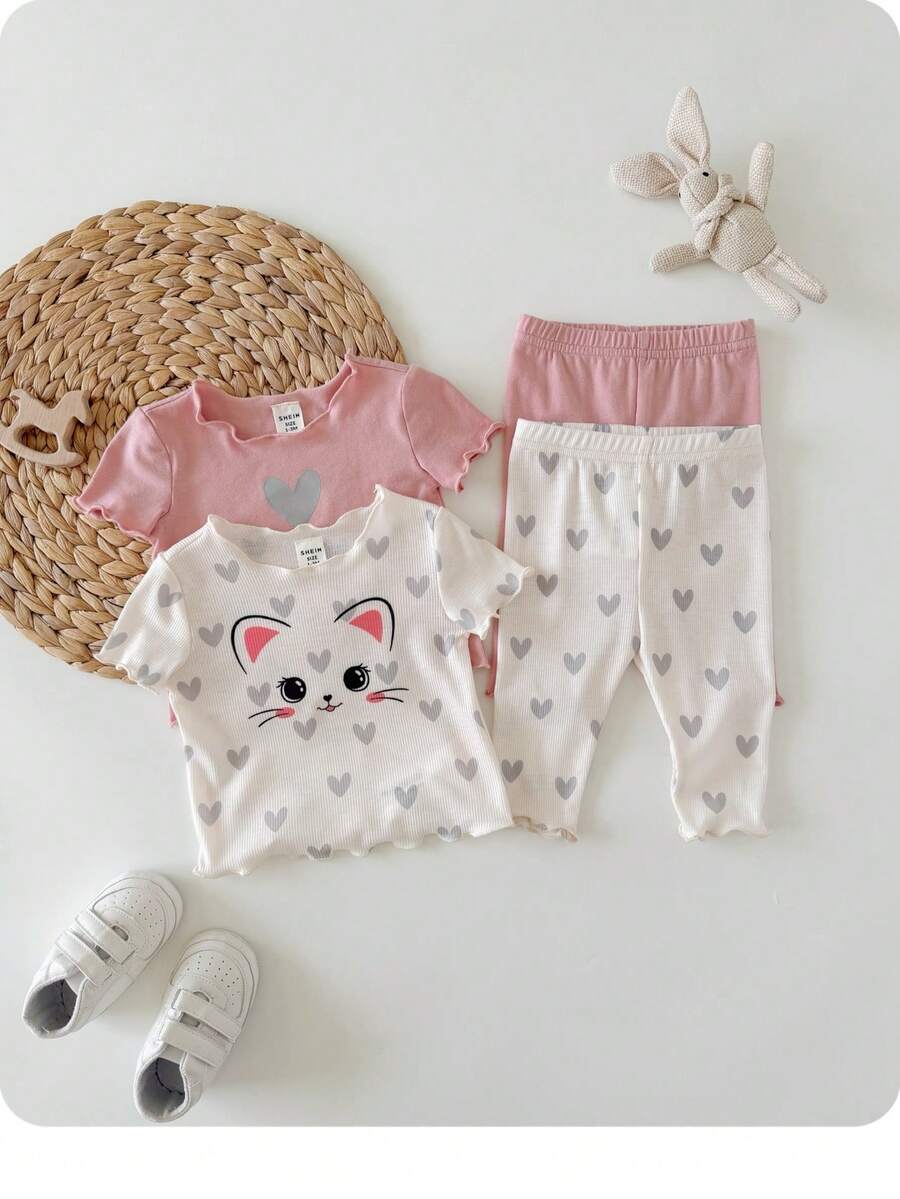 4pcs Newborn Baby Girl Cute Casual Knitted Heart Pattern Homewear Set - Pink - View 1