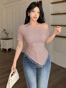Modelyn 杏色提花不对称领珍珠流苏优雅休闲T恤，适合约会和外出，秋季 - 藕粉色 - 查看 4