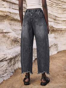 Maija Celana Jeans Kasual Ukuran Besar Warna Village dengan Kantong Miring dan Ujung Berumbai - Hitam - View 2