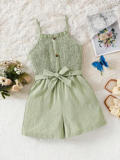 SHEIN Summer New Girls Casual Vacation Jumpsuit With Adjustable Straps, Matching Belt, Round Buttons, Khaki Color, Suitable For Vacation, Daily Casual Activities