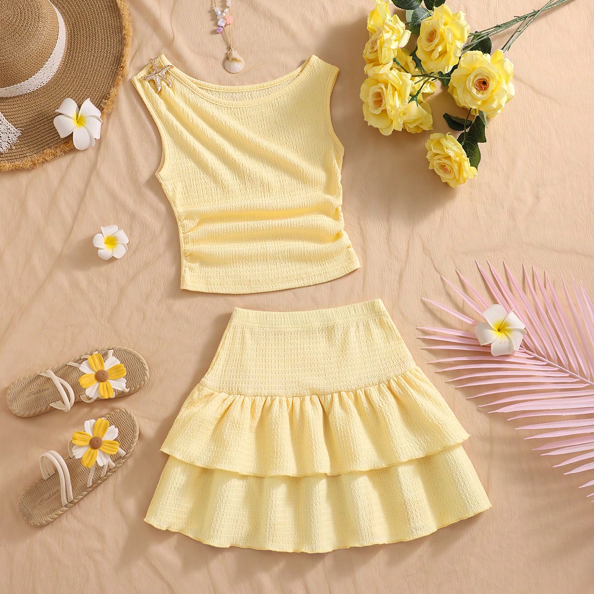 Este nuevo conjunto de dos piezas para niñas preadolescentes incluye un elegante, informal, cómodo y transpirable chaleco de punto jacquard de cuell