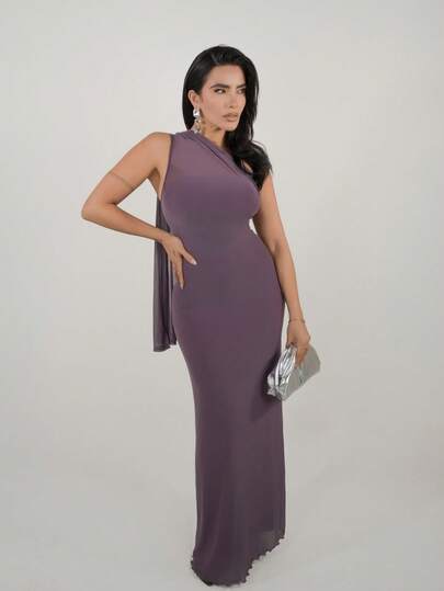 Dania Mndz Shop Women's Elegant Romantic Fashion Commuter Sexy Elegant Style Asymmetrical Neck Bodycon Maxi Dress, Suitable For Party, Beach Vacation, Back To School, Romantic Date, Wedding Season, Birthday, Easter, Spring/Summer Dress,Prom Dress,Fall Wedding Guest Dress,Wedding Guest Dress Women