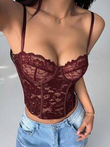 SHEIN PETITE 性感蕾丝透视吊带背心，派对装扮，约会之夜，通勤，可爱抹胸，性感夜店上衣，束身胸衣，无肩带上衣，外出上衣，夏季上衣，可爱上衣，女士夏季穿搭，蕾丝上衣，束身胸衣，秋冬叠穿 - 中紫紅色 - 查看 5
