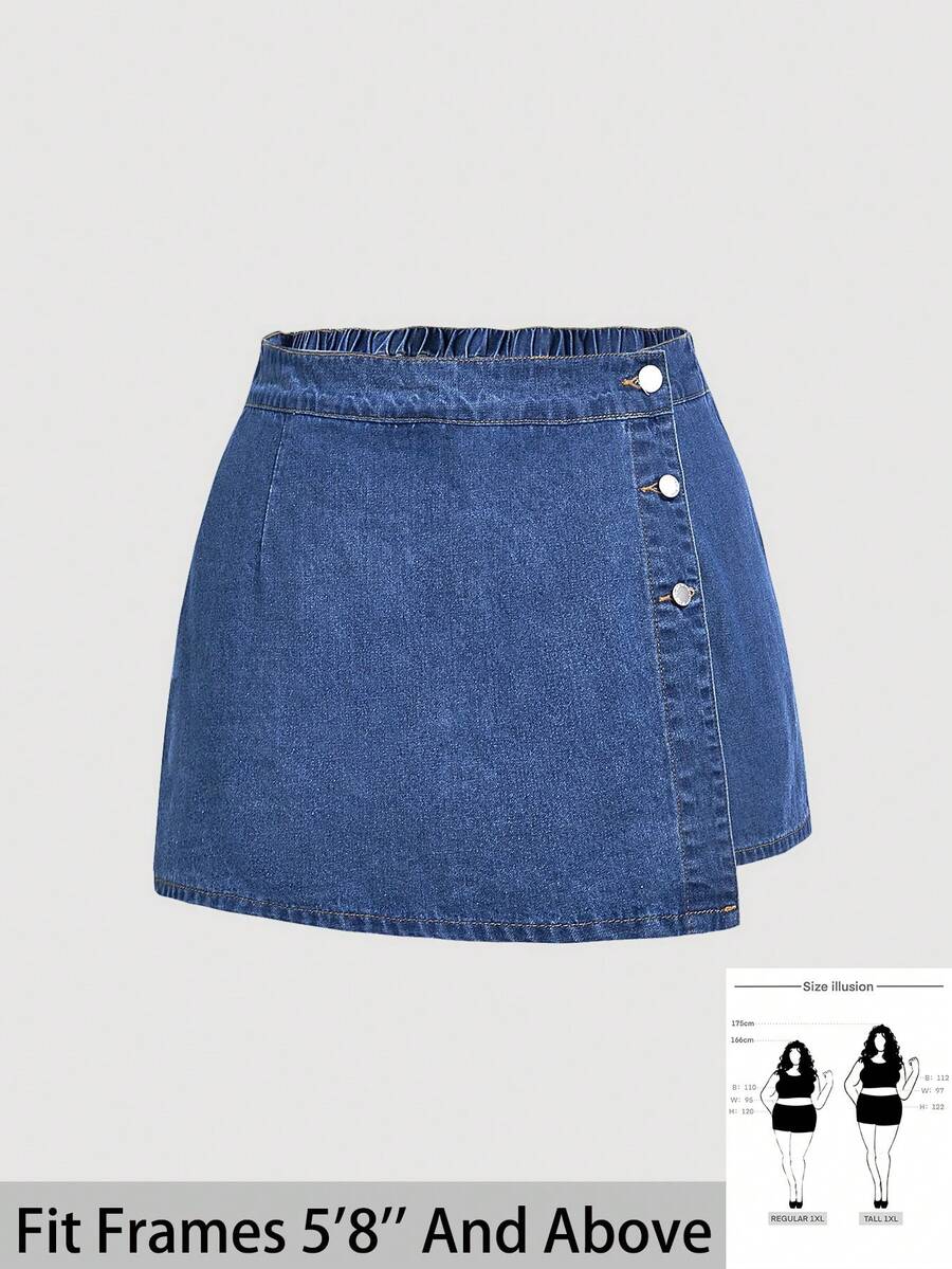 SHEIN Tall CURVE 大码女式休闲百搭约会外出牛仔短裙 - 中等水洗藍 - 查看 1