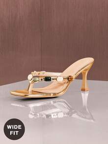 SHUZIA Women's Wide-Fit Fashion Comfy Gemstone Decor Square Toe Stiletto Heel Thong Sandals - Gold - View 6