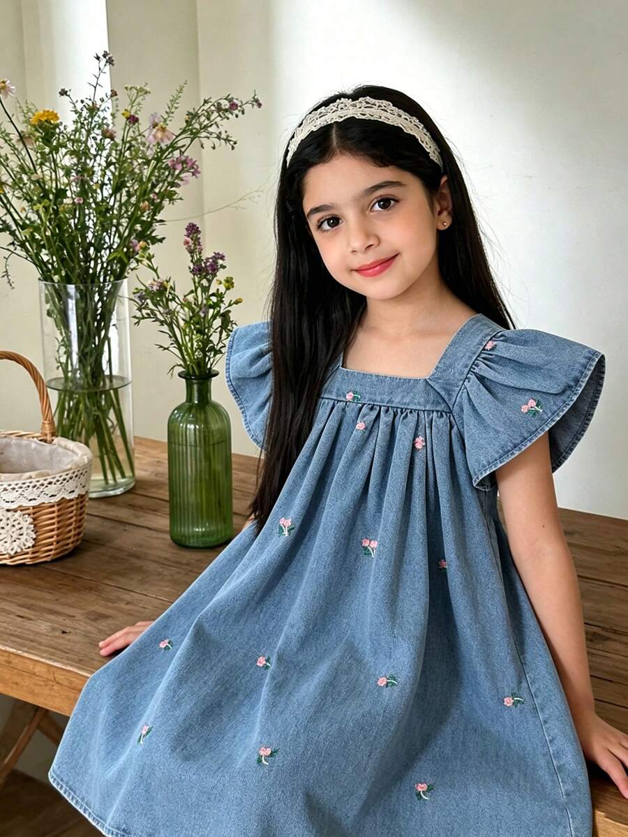 Elladie kids 少女休閒優雅牛仔洋裝，柔軟花卉圖案設計搭配荷葉袖