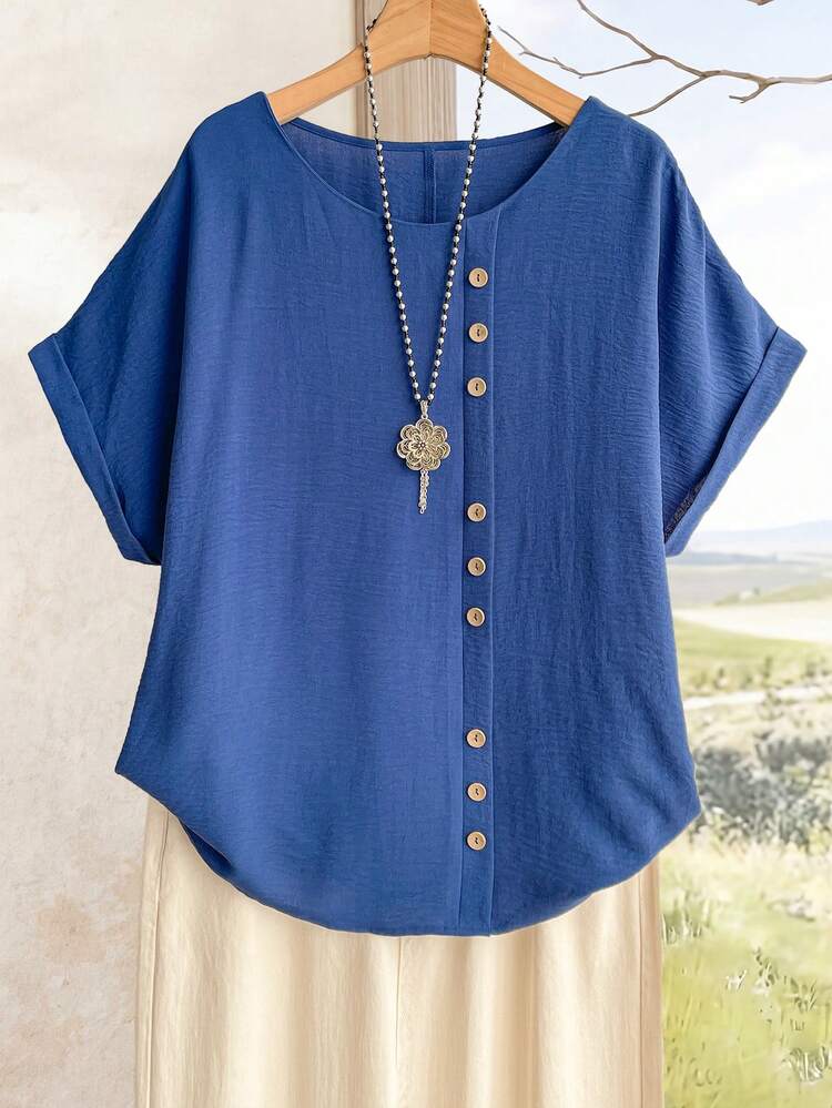Plus Size Women's Solid Color Round Neck Short Sleeve Button Design Casual Shirt
