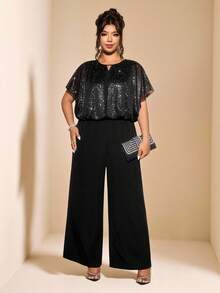 Allurite Plus Size Women's New Elegant Crew Neck Casual Loose Silver Foil Mesh Jumpsuit, Suitable For Party, Daily Wear, Commuting - Black - View 5