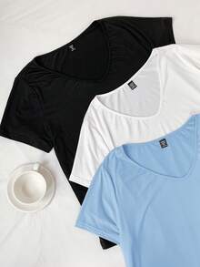 SHEIN EZwear 3件套V领柔软休闲短袖T恤，白色+黑色+浅蓝色，春夏大码基础款T恤 - 淺藍色 - 查看 3