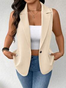 EMERY ROSE Blazer Tanpa Lengan Minimalis Kasual Tipis untuk Wanita Ukuran Plus - Aprikot - View 6
