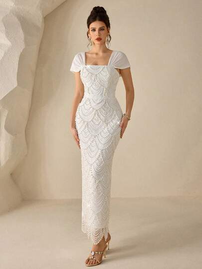 Coutiva Spring/Summer Water-Soluble Floral Pearl Drop-Shoulder Sleeve Square Neck Backless Straight-Cut Formal Evening Dress Is Suitable For Birthday Parties, Back-To-School Parties, Graduation Ceremonies, Music Festivals, And Parties. Floral Lace Collar Flare Sleeve Elegant High-End Evening Gown, Luxury Elegant Party Dress Solid Color Square Neck Sleeveless High-End Evening Dress, Elegant And Luxurious Formal Gown Black Bodycon Dress Women's Slim Dress Sexy Curve Dress Black Dress For Women Shapewear Dress Long Black Elegant Dress Black Satin Dress Black Formal Evening Gown Black Dinner Dress Sexy Elegant Dress Black Backless Dress Satin Dress Elegant Graduation Ceremony, School Opening, Music Festival, Birthday Party, Wedding, Afternoon Tea Gathering, Ball Ceremony Dress Wedding Vacation Party Holiday Dresses