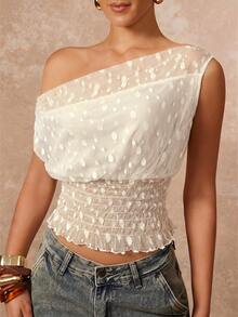Lumalex Top estivo corto con scollo asimmetrico, pois bianchi e rete svizzera, sovrapposizione drappeggiata, vita arricciata, texture trasparente, orlo con volant e spalle scoperte - Bianco - Visualizzare 3