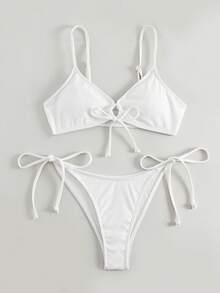 SHEIN Swim 夏季海灘綁帶式比基尼套裝 - 白色 - 查看 3