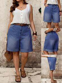 EMERY ROSE EMERY ROSE Shorts vaqueros holgados con bolsillos para mujer de talla grande - Azul lavado oscuro - Ver 2