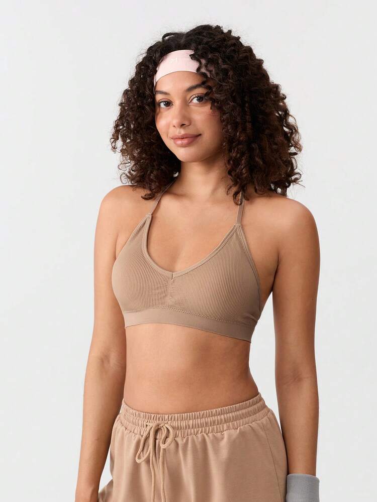 Loungeista 1pc Seamless Ribbed Racerback V-Neck Sports Bra, Removable Pads, Soft Comfortable Breathable Yoga Bra - Khaki - View 7