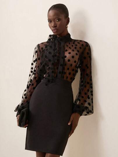 Briarwyn Women's Fashionable Sexy Polka Dot Mesh Sheer Blouse