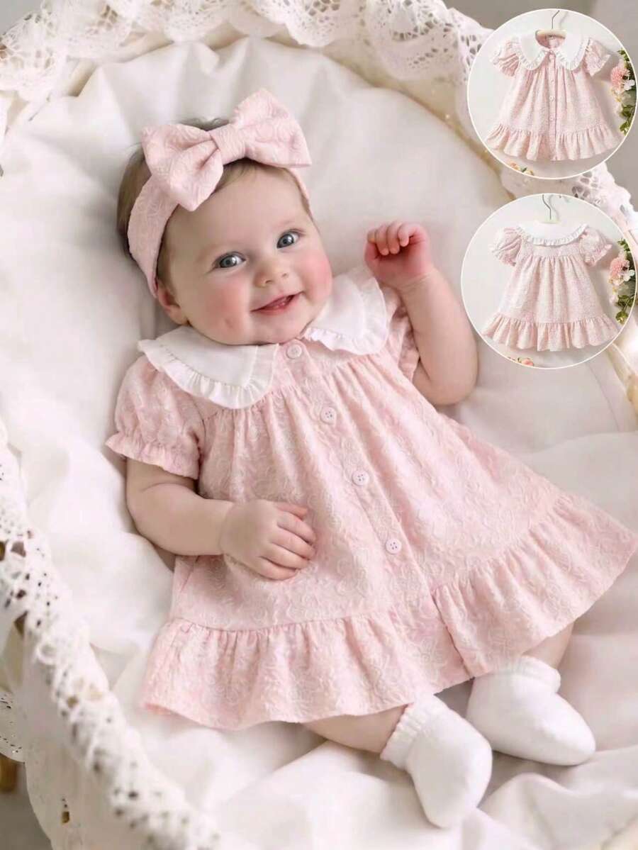 SHEIN Newborn Cute Cartoon Heart Pattern Suspender Bow Decor Princess Dress, Suitable For Spring/Summer Outings, Vacations And Parties - Pink - View 1