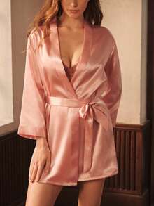 Bisouelle 1件女款素色優雅繫腰浴袍，輕盈性感短款絲綢緞面浴袍，適合居家使用、新娘浴袍、伴娘禮服，粉色夏季款 - 粉色 - 查看 6